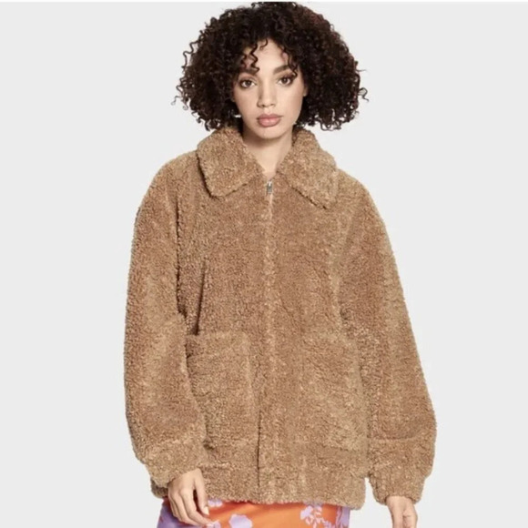 UGG Kaley Jackeline Camel Teddy Bear Oversized Jacket Zip Up Fur Coat Size Small - Picture 2 of 10